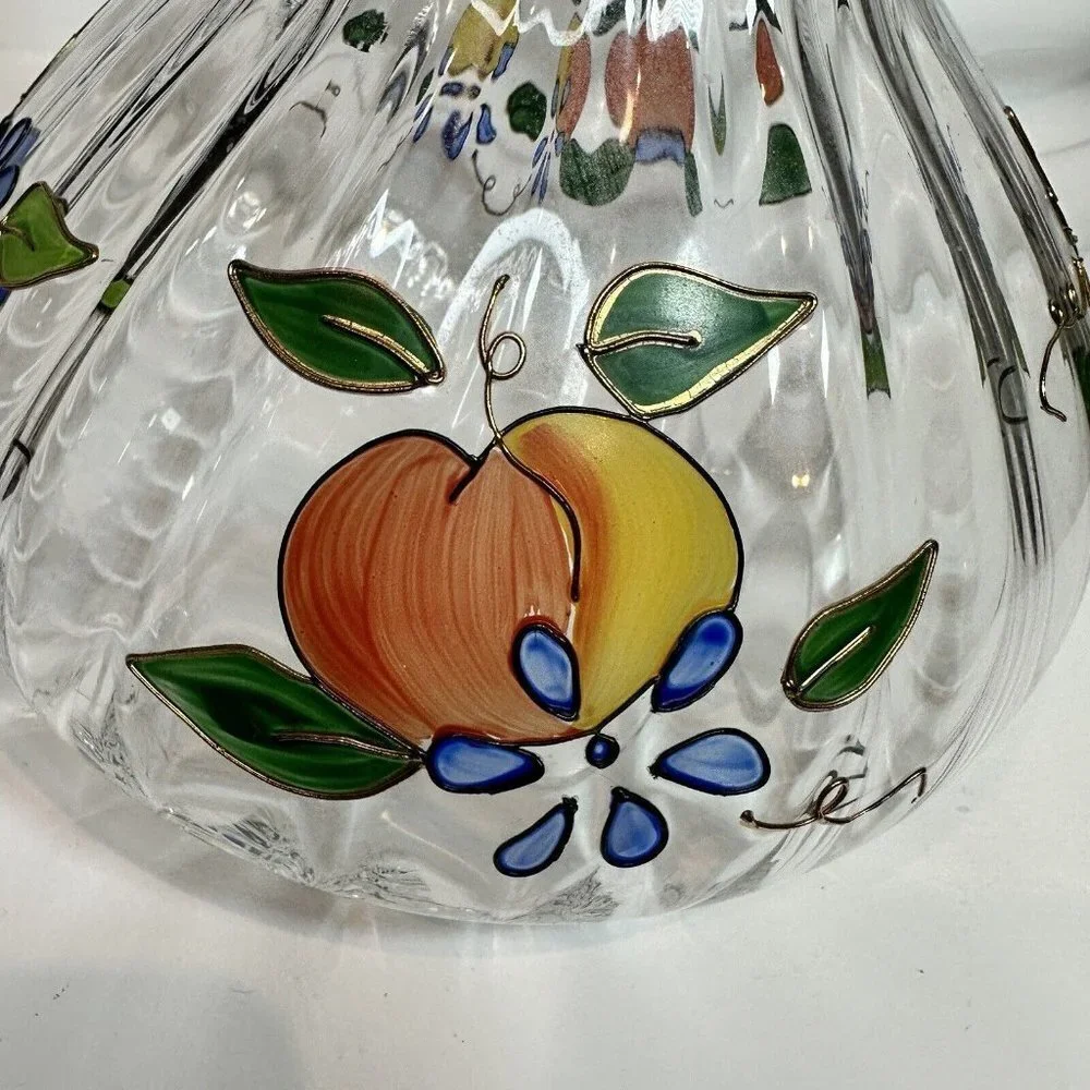 Crystal Clear Pitcher 8‎ Inch Ribbed Venetian Fruit 22K Gold Trim Romania 96 oz